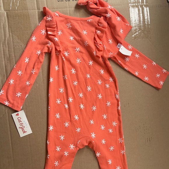 ❤️Baby Girls' Asterisk Rib Romper with Headband - Cat & Jack Coral Pink - Picture 3 of 6
